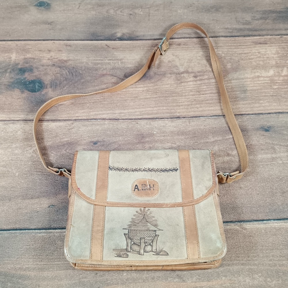 Vintage Leather Shoulder Bag Crossbody Purse With House Etching Rustic Boho‎